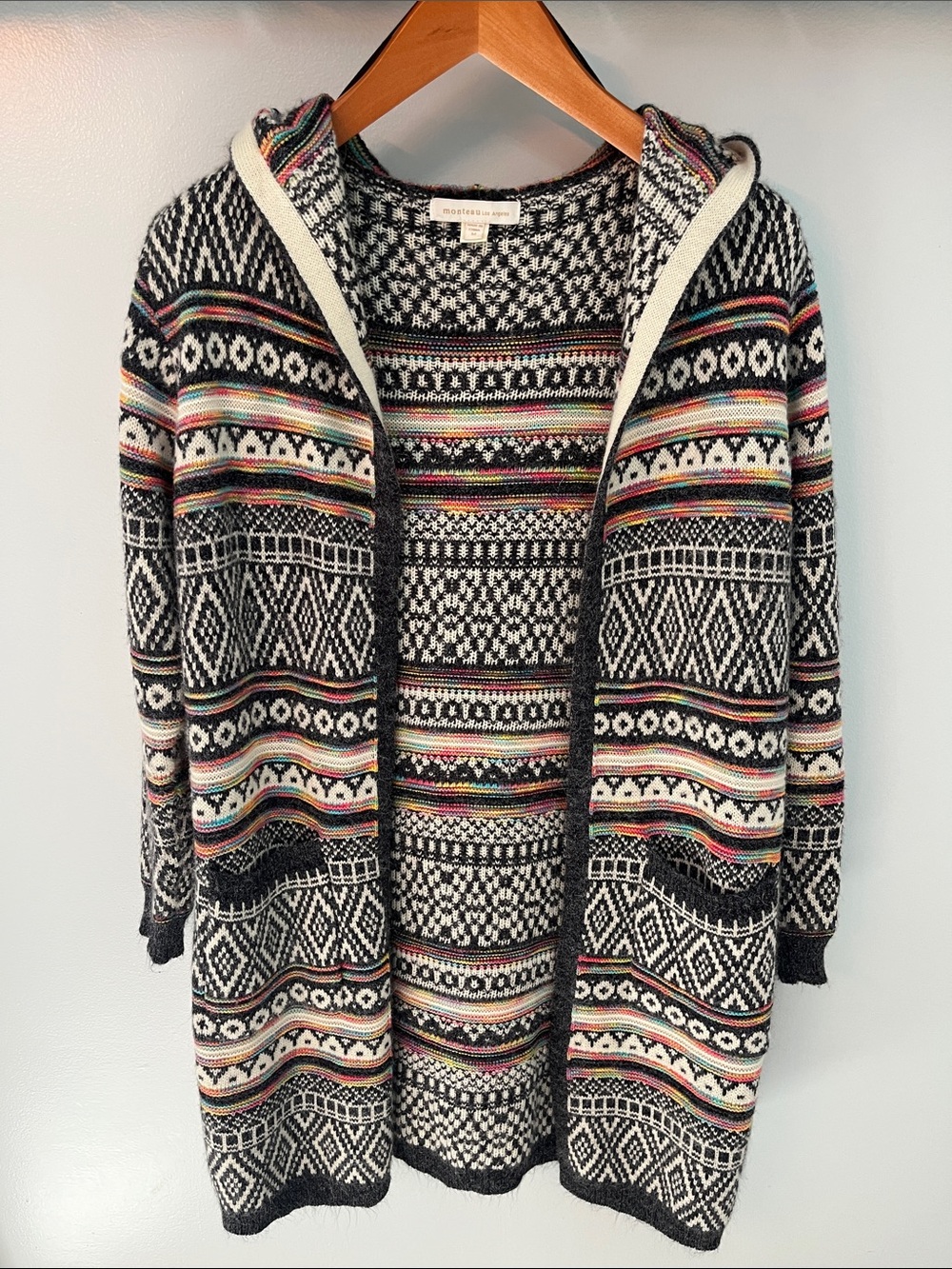 Monteau Black Fair Isle Hooded Cardigan with Multicolor Stripes
